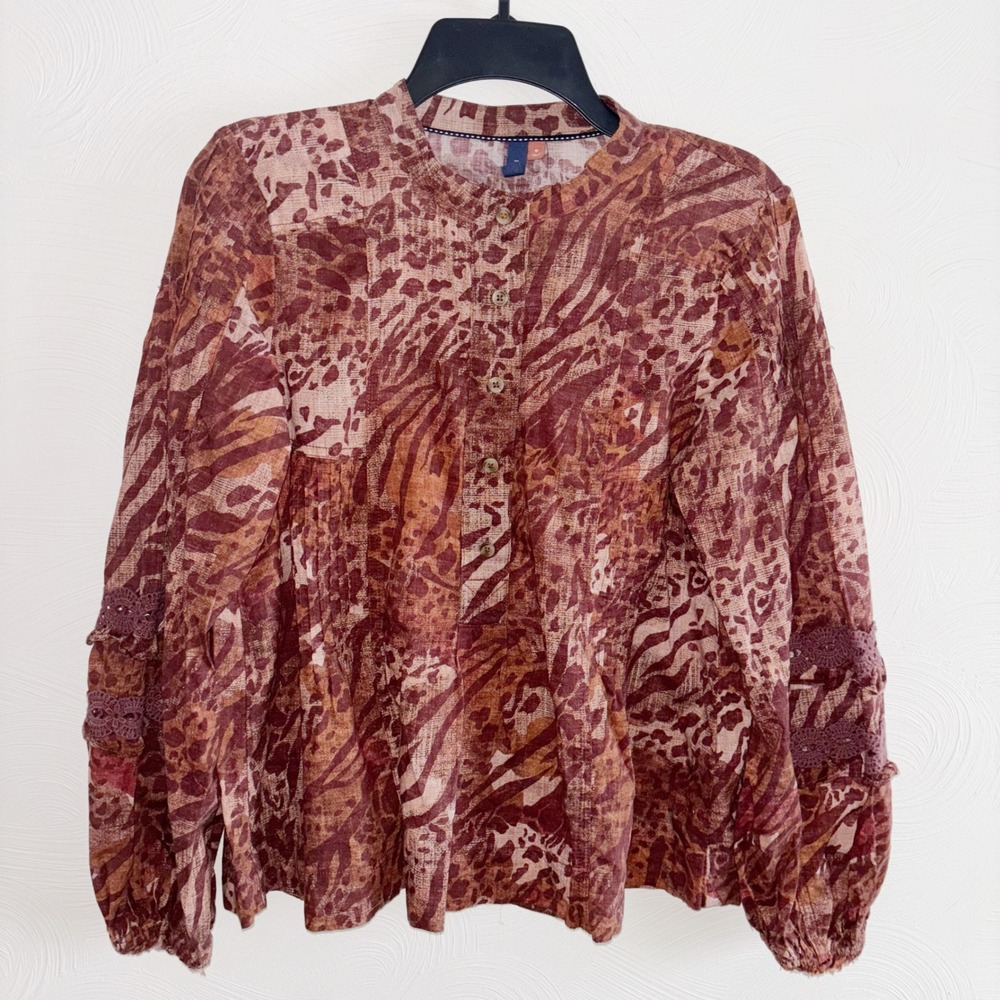 Pilcro Anthropologie Boho Animal Print Lace‎ Accent Button Down Blouse Brown - Picture 3 of 8
